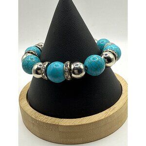 Southwestern Boho-Chic Rustic Turquoise Silver Beaded Stretch Bracelet